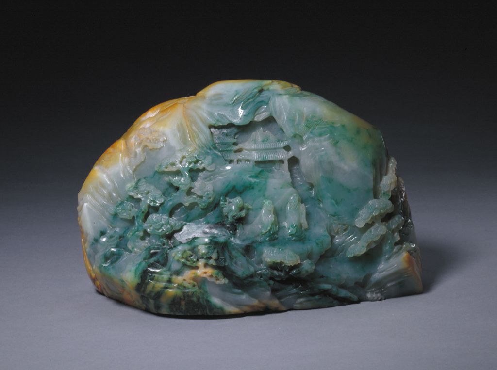 翠根带皮色雕人物景山子